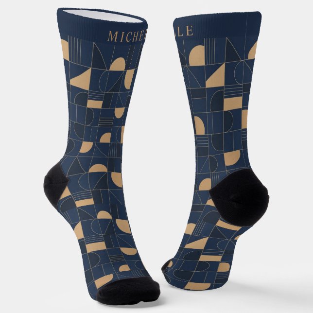 Custom Dark Navy Blue Yellow Geometric Pattern Socken (Gewinkelt)