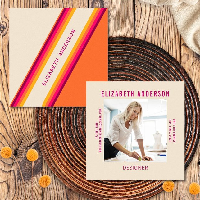 Custom Dark Rosa Orange Retro Stripes 70er, 80er Quadratische Visitenkarte (Front/Back)