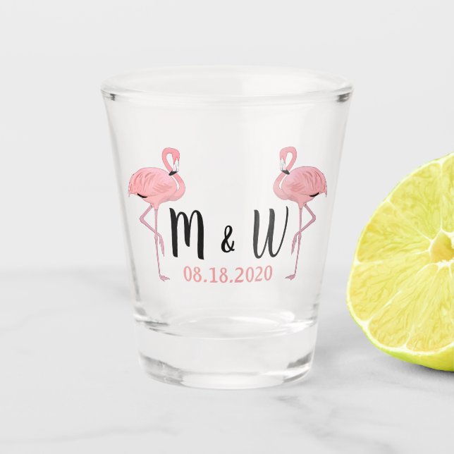 Custom Date Monogram Niedlich Fun Pink Flamingoes  Schnapsglas (Vorderseite)