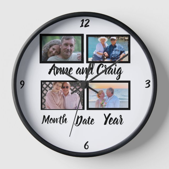 Custom Date Wedding Anniversary 4 Foto Collage Uhr (Vorderseite)