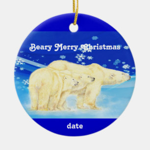 Custom Dated Christmas Polar Bears Fun Keramikornament
