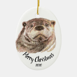 Custom Dated Christmas Watercolor Otter Animal Keramikornament