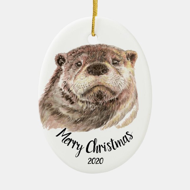 Custom Dated Christmas Watercolor Otter Animal Keramikornament (Vorne)