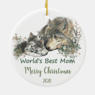 Custom Dated Christmas World's Best Mama Wolf Art Keramik Ornament