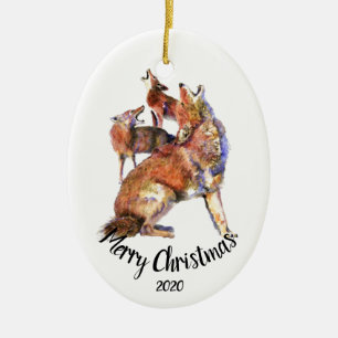 Custom Dated Howling Coyotes Frohe Weihnachten Keramikornament