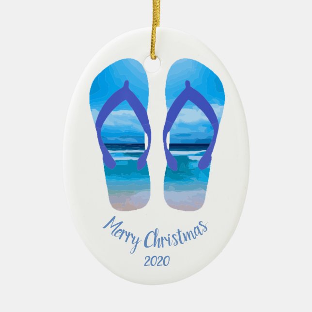 Custom Dating Christmas Beach Scene Flip Flops Keramikornament (Vorne)