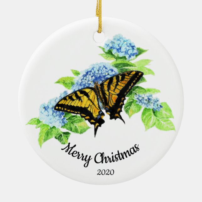 Custom Dating Christmas Butterfly Hydrengea Blume Keramik Ornament (Hinten)