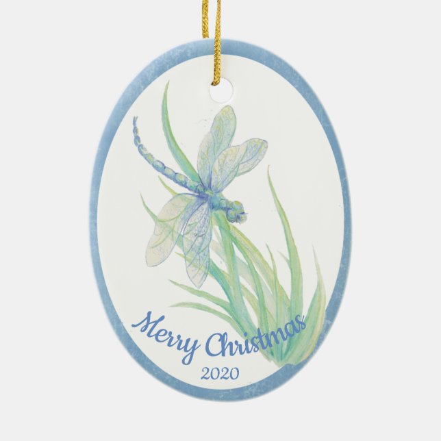 Custom Dating Christmas Dragonfly Wasserfarben Kun Keramikornament (Hinten)