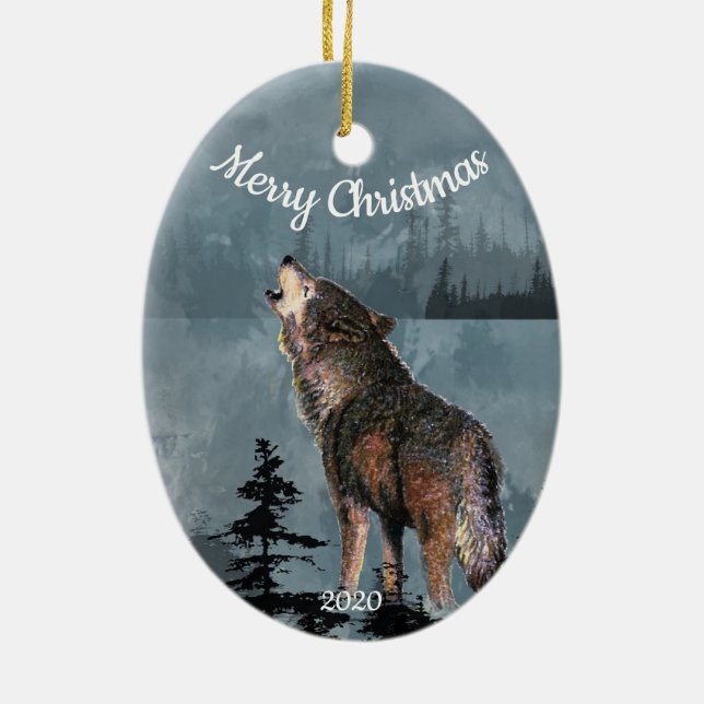 Custom Dating Christmas Howling Wolf Wasserfarbe K Keramikornament (Hinten)