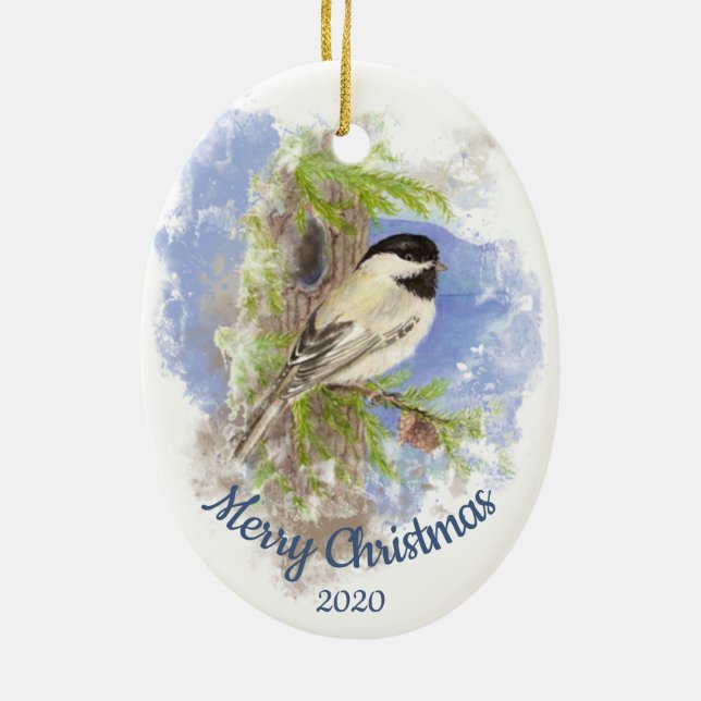 Custom Dating Christmas Mountain Chickadee Bird Keramik Ornament (Hinten)
