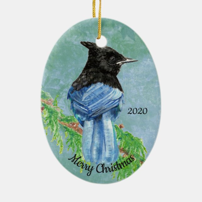 Custom Dating Christmas Stellar Jay Bird Art Keramikornament (Hinten)