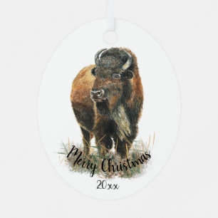 Custom Dating Christmas Watercolor Bison Buffalo Ornament Aus Metall