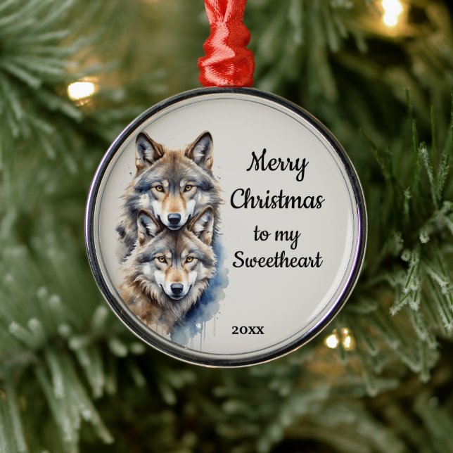 Custom Dating Christmas Wolf Sweetheart Ornament Aus Metall (Baum)