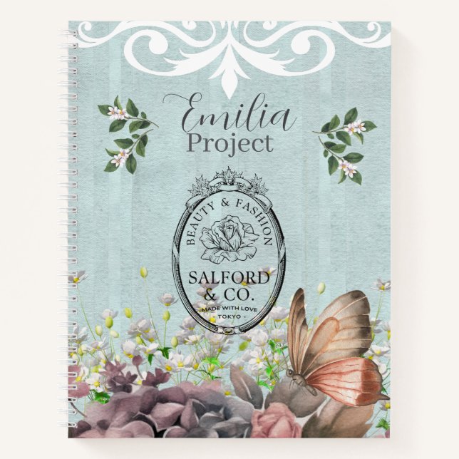 Custom decoratived botanical retro logo Blue Notizbuch (Vorderseite)