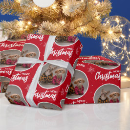Custom Deep Red Merry Christmas One Circle Photo Geschenkpapier