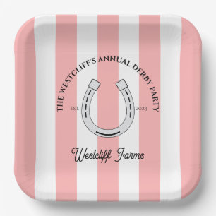 Custom Derby Party Pink Cabana Stripes Horseshoe Pappteller