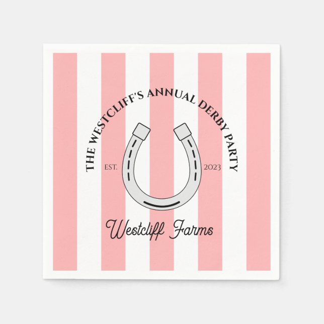 Custom Derby Party Pink Cabana Stripes Horseshoe Serviette (Vorderseite)