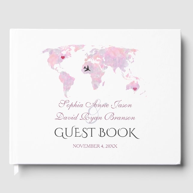 Custom Destination Watercolor Weltkarte Hochzeit Gästebuch (Vorderseite)