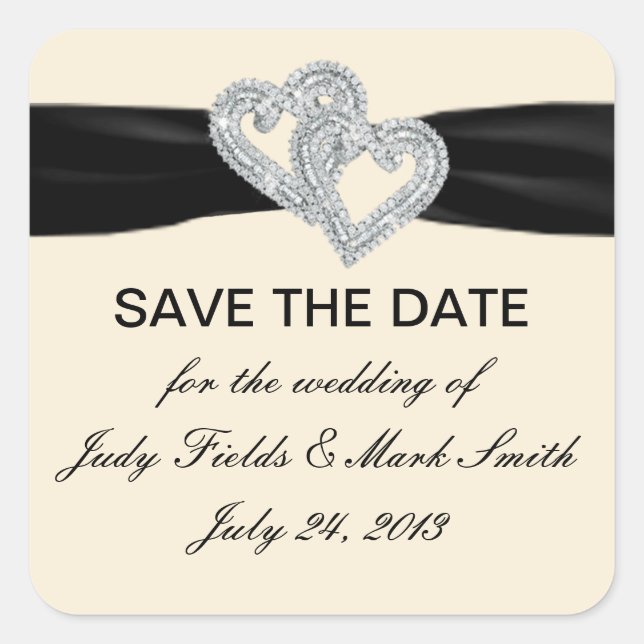Custom Diamond Black Ribbon Save the Date Stickers (Vorderseite)