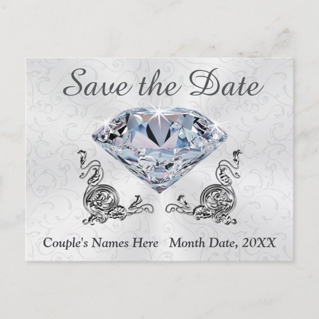Custom Diamond Wedding Save the Date Post Cards Ankündigungspostkarte (Vorderseite)