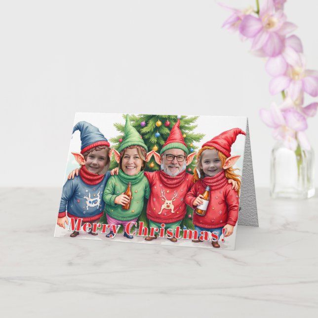 Custom Digital Add Your Face 4 Photo Elves Funny Karte (Orchidee)