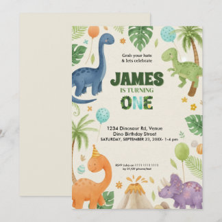 Custom Dino Jungle 1st Birthday Invitation 