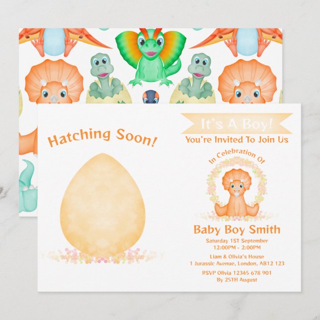 Custom Dino Watercolor Dinosaur Boy Baby Dusche Einladung (Vorne/Hinten)