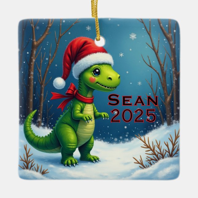 Custom Dinosaur Red Bow Keramikornament (Vorderseite)