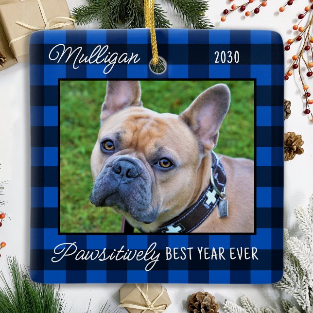 Custom Dog Blue Kariert Weihnachten 2 Haustiere Fo Keramikornament (Von Creator hochgeladen)