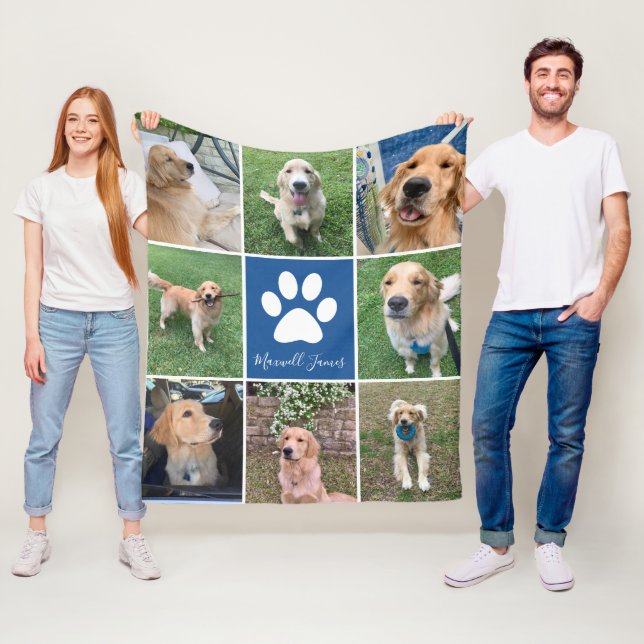 Custom Dog Foto Collage Blue Pet Paw Print Niedlic Fleecedecke (Beispiel)