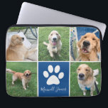 Custom Dog Foto Collage Blue Pet Paw Print Niedlic Laptopschutzhülle<br><div class="desc">Dieser schöne,  individuelle Hund Foto Collage Laptop Ärmel ist personalisiert mit bezaubernden Bildern Ihres süßen Jungs. Mit den 5 Lieblings-Haustierfotos rund um einen niedlichen blauen Platz mit einem hübschen weißen Pfotenprint und dem Namen Ihres Hundes in der Mitte können Sie dieses elegante Geschenk individuell gestalten.</div>