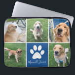 Custom Dog Foto Collage Blue Pet Paw Print Niedlic Laptopschutzhülle<br><div class="desc">Dieser schöne,  individuelle Hund Foto Collage Laptop Ärmel ist personalisiert mit bezaubernden Bildern Ihres süßen Jungs. Mit den 5 Lieblings-Haustierfotos rund um einen niedlichen blauen Platz mit einem hübschen weißen Pfotenprint und dem Namen Ihres Hundes in der Mitte können Sie dieses elegante Geschenk individuell gestalten.</div>