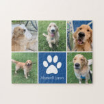Custom Dog Foto Collage Pet Pfosten Niedlich blau<br><div class="desc">Dieses wunderschöne Puzzle mit Foto-Collage ist personalisiert mit bezaubernden Bildern von Deinem süßen Jungen. Mit den 5 Lieblings-Haustierfotos rund um einen niedlichen blauen Platz mit einem hübschen weißen Pfotenprint und dem Namen Ihres Hundes in der Mitte können Sie dieses elegante Geschenk individuell gestalten.</div>