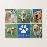 Custom Dog Foto Collage Pet Pfosten Niedlich blau<br><div class="desc">Dieses wunderschöne Puzzle mit Foto-Collage ist personalisiert mit bezaubernden Bildern von Deinem süßen Jungen. Mit den 5 Lieblings-Haustierfotos rund um einen niedlichen blauen Platz mit einem hübschen weißen Pfotenprint und dem Namen Ihres Hundes in der Mitte können Sie dieses elegante Geschenk individuell gestalten.</div>