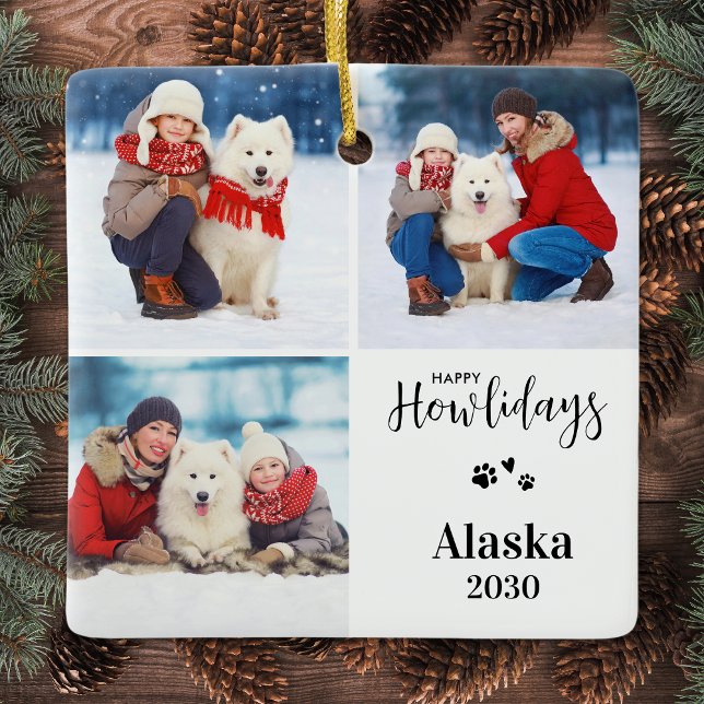 Custom Dog Foto Collage Weihnachts-Happy Howlidays Keramikornament (Von Creator hochgeladen)