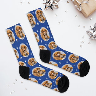 Custom Dog Foto Royal Blue Paw Print Socken