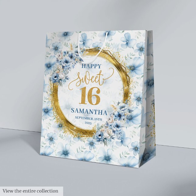 Custom Dusty Blue Sweet 16 Gold Glitzer Party Bag Mittlere Geschenktüte (Custom Dusty Blue Sweet 16 Gold Glitter Party Bag)