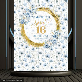 Custom Dusty Blue Sweet 16 Gold Glitzer Party Sign Wandteppich