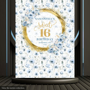 Custom Dusty Blue Sweet 16 Gold Glitzer Party Sign Wandteppich