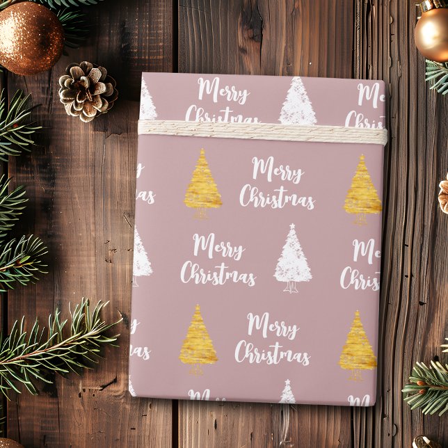 Custom Dusty Rose White Golden Christmas Tree Geschenkpapier (Von Creator hochgeladen)