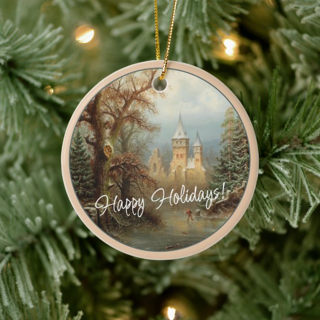 Custom Dutch Winter Wonderland Landschaftsmalerei Keramik Ornament (Baum)