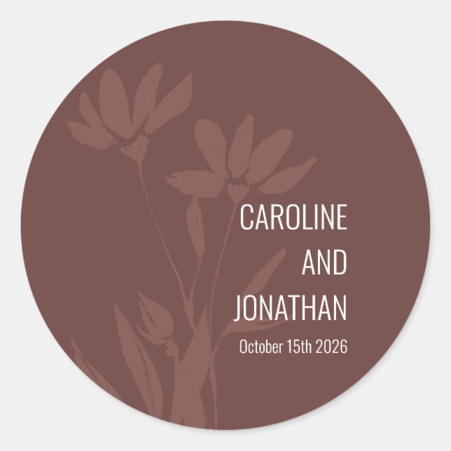 Custom Earthy Modern Floral Silhouette Wedding Runder Aufkleber (Vorderseite)