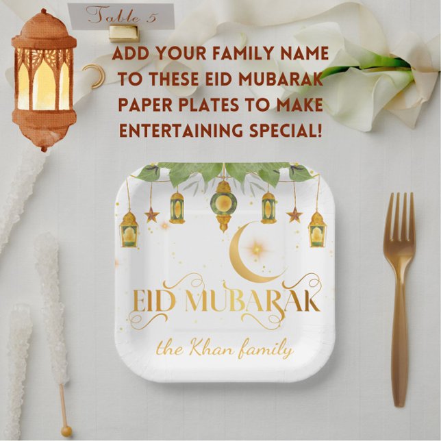 Custom "Eid Mubarak" White Gold Lanterns + Moon Pappteller (Make Eid extra special with these festive elegant white/gold "Eid Mubarak" family name paper plates!)