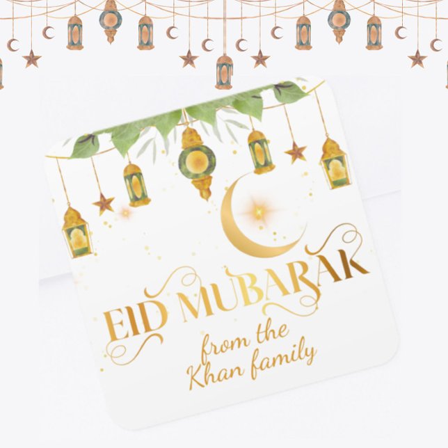 Custom "Eid Mubarak" White Gold Lanterns + Moon Quadratischer Aufkleber (Spread the joy of the blessed season with these elegant custom Eid Mubarak stickers in white + gold!)
