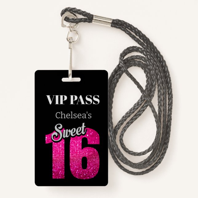 Custom Elegant Birthday Black Sweet 16 VIP Ausweis (Vorderseite mit Schlüsselband)