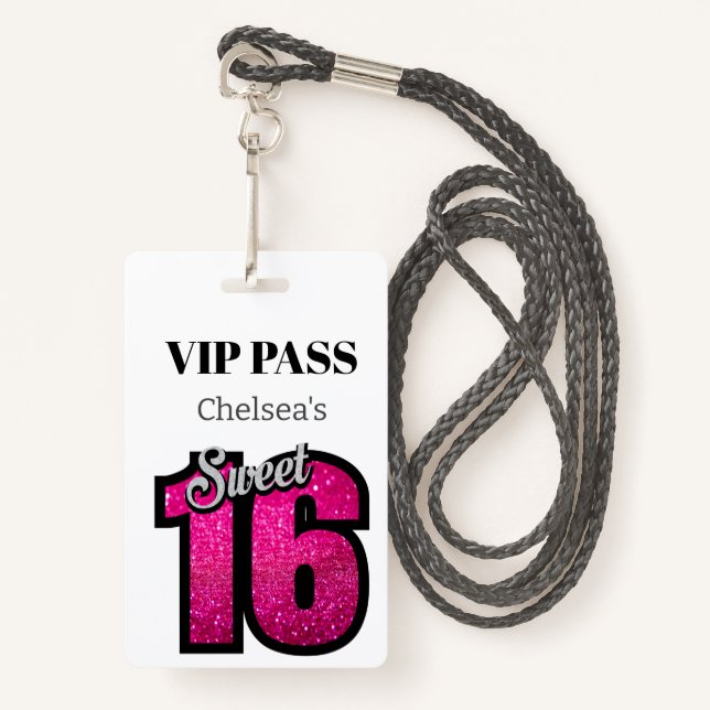 Custom Elegant Birthday White Sweet 16 VIP Ausweis (Vorderseite mit Schlüsselband)