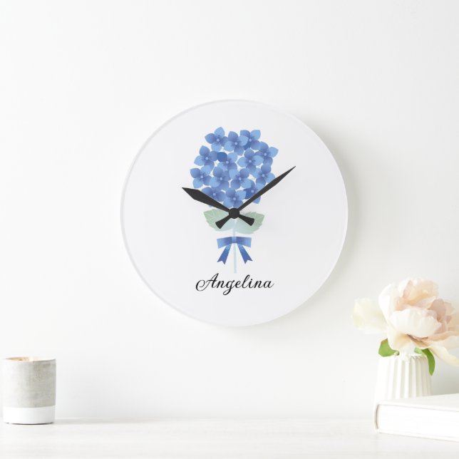 Custom Elegant Blue Blume Wall Clock Große Wanduhr (Zuhause)