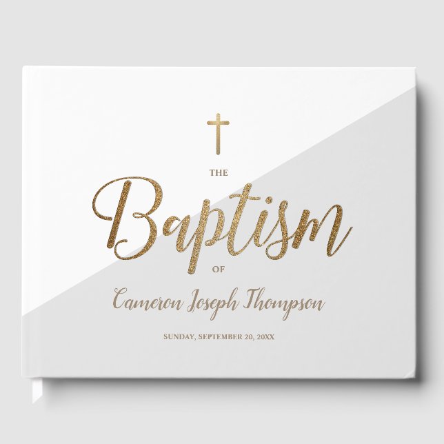 Custom Elegant Gray Gold Cross Baby Taufe Gästebuch (Vorderseite)
