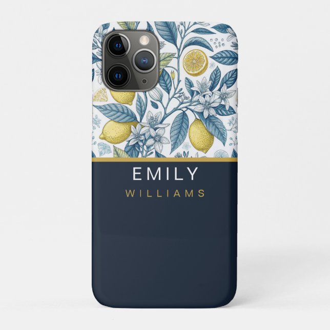 Custom Elegant Mediterranean Lemon Botanical Navy Case-Mate iPhone Hülle (Rückseite)