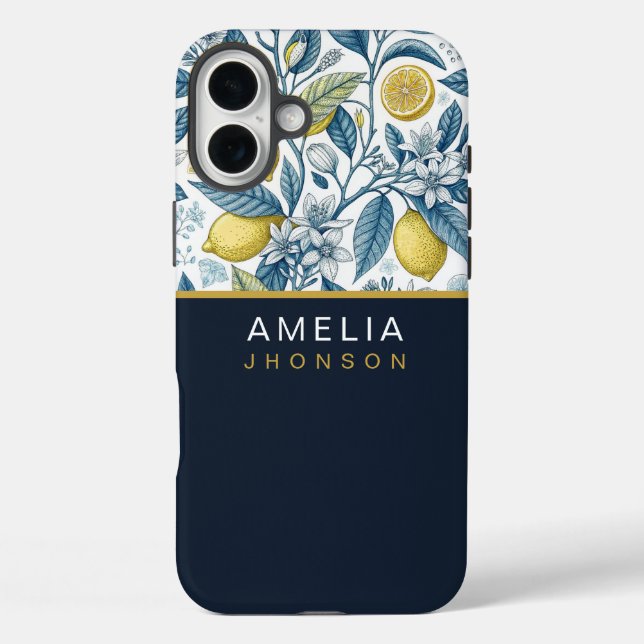 Custom Elegant Mediterranean Lemon Botanical Navy iPhone 16 Plus Hülle (Rückseite)